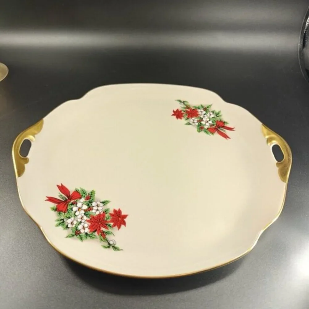 Pickard China Hand Decorated Poinsettia Plate Platter Porcelain USA Holiday VTG‎